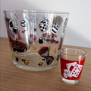 Vintage Casino Gambling Hazel Atlas Ice Bucket MCM 1950's + Cards Shot Glass
